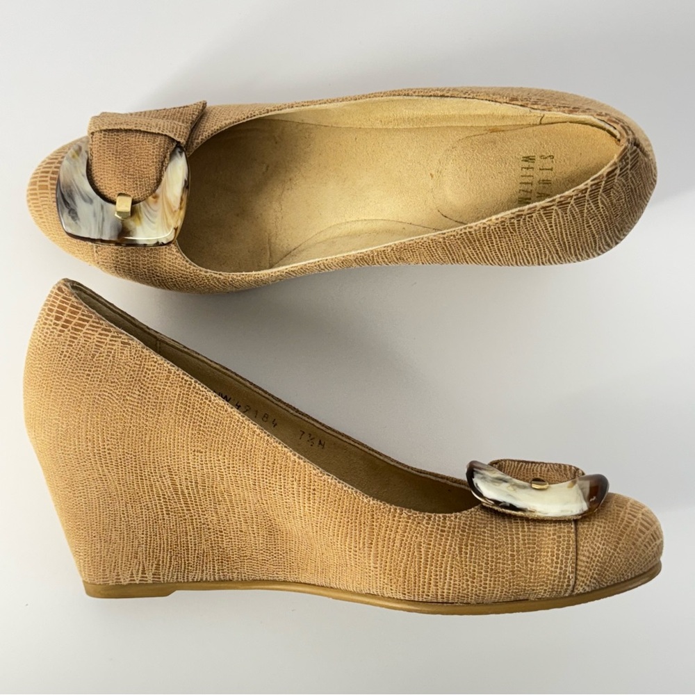 Stuart Weitzman Bucalina Wedge Heels Lizard-Embossed Leather Tortoise Buckle 7.5